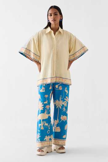 Buy_Studio Rigu_Blue Linen Lace Collared Jaipur Print Boxy Shirt And Trouser Set _at_Aza_Fashions