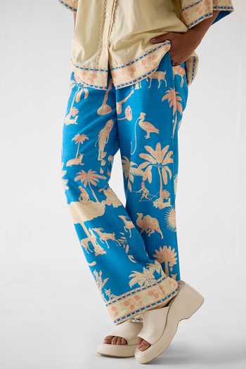 Studio Rigu_Blue Linen Lace Collared Jaipur Print Boxy Shirt And Trouser Set _Online_at_Aza_Fashions