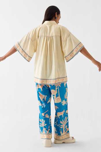 Shop_Studio Rigu_Blue Linen Lace Collared Jaipur Print Boxy Shirt And Trouser Set _at_Aza_Fashions