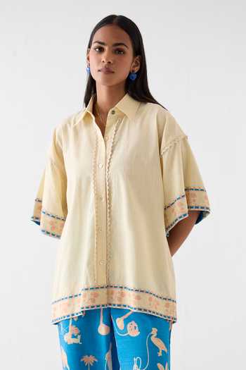 Buy_Studio Rigu_Blue Linen Lace Collared Jaipur Print Boxy Shirt And Trouser Set _Online_at_Aza_Fashions