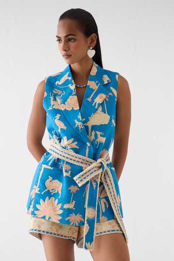 Studio Rigu_Blue Linen Fringe Jaipur Print Blazer And Shorts Set _Online_at_Aza_Fashions