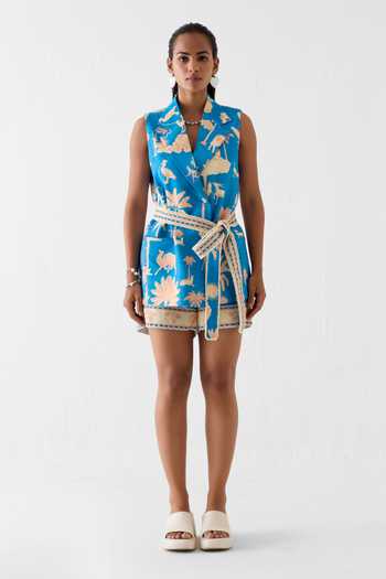 Studio Rigu_Blue Linen Fringe Jaipur Print Blazer And Shorts Set _at_Aza_Fashions