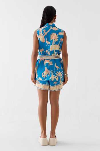 Shop_Studio Rigu_Blue Linen Fringe Jaipur Print Blazer And Shorts Set _at_Aza_Fashions