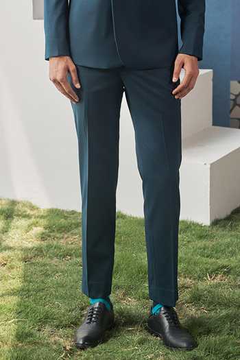 Philocaly_Teal Wool Roux Overlapped Blazer And Pant Set _Online_at_Aza_Fashions