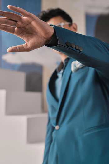 Buy_Philocaly_Teal Wool Roux Overlapped Blazer And Pant Set _Online_at_Aza_Fashions