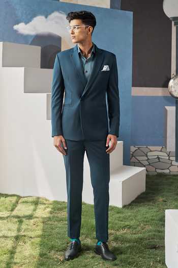 Shop_Philocaly_Teal Wool Roux Overlapped Blazer And Pant Set _at_Aza_Fashions