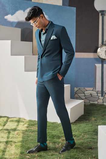 Philocaly_Teal Wool Roux Overlapped Blazer And Pant Set _at_Aza_Fashions