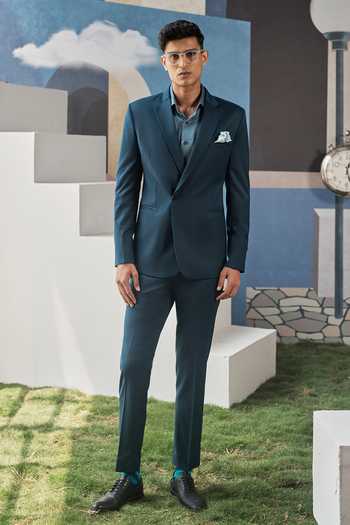 Buy_Philocaly_Teal Wool Roux Overlapped Blazer And Pant Set _at_Aza_Fashions
