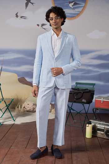 Buy_Philocaly_Blue Linen Quinn Blazer And Pant Set _at_Aza_Fashions
