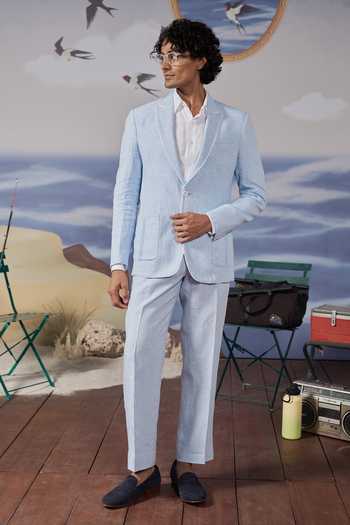 Buy_Philocaly_Blue Linen Quinn Blazer And Pant Set _Online_at_Aza_Fashions