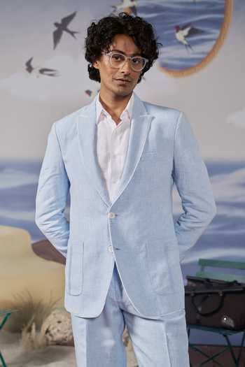 Shop_Philocaly_Blue Linen Quinn Blazer And Pant Set _Online_at_Aza_Fashions