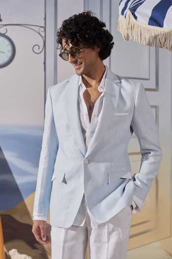 Buy_Philocaly_Blue Linen Thorne Contrast Overlapping Detailed Blazer _at_Aza_Fashions
