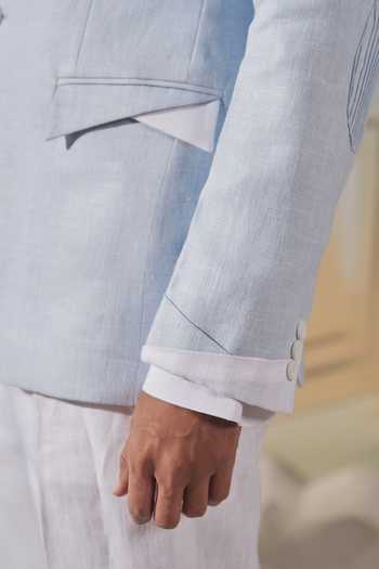 Philocaly_Blue Linen Thorne Contrast Overlapping Detailed Blazer _Online_at_Aza_Fashions