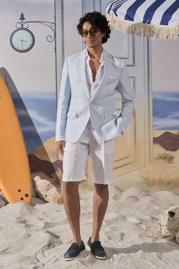 Buy_Philocaly_Blue Linen Thorne Contrast Overlapping Detailed Blazer _Online_at_Aza_Fashions