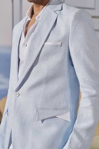 Philocaly_Blue Linen Thorne Contrast Overlapping Detailed Blazer _at_Aza_Fashions