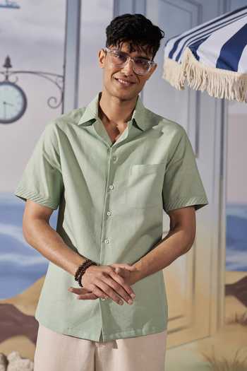 Buy_Philocaly_Green Linen Averin Pintucked Half Sleeve Shirt _at_Aza_Fashions