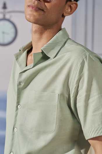 Buy_Philocaly_Green Linen Averin Pintucked Half Sleeve Shirt _Online_at_Aza_Fashions