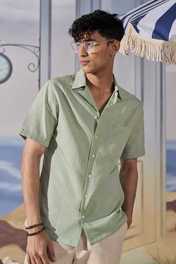 Shop_Philocaly_Green Linen Averin Pintucked Half Sleeve Shirt _Online_at_Aza_Fashions