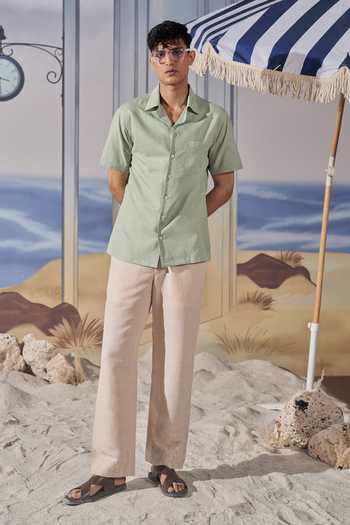 Shop_Philocaly_Green Linen Averin Pintucked Half Sleeve Shirt _at_Aza_Fashions