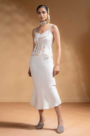 Buy_BAISE GABA_Off White Satin, Organza Gota Patti V-neck, Open Zarina Dress With Work Jacket _Online_at_Aza_Fashions
