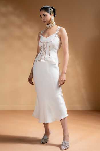 Shop_BAISE GABA_Off White Satin, Organza Gota Patti V-neck, Open Zarina Dress With Work Jacket _Online_at_Aza_Fashions