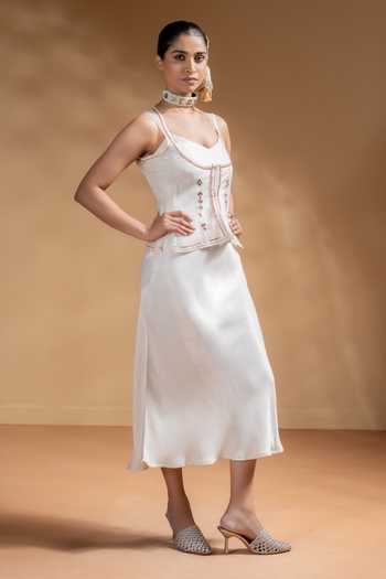 BAISE GABA_Off White Satin, Organza Gota Patti V-neck, Open Zarina Dress With Work Jacket _at_Aza_Fashions