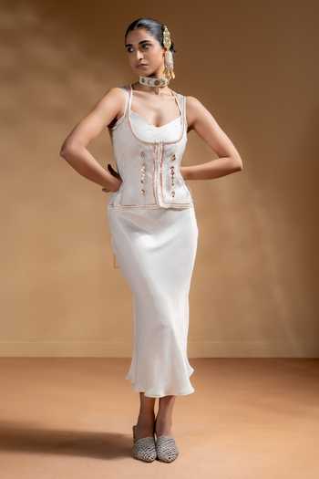 Buy_BAISE GABA_Off White Satin, Organza Gota Patti V-neck, Open Zarina Dress With Work Jacket 