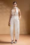Shop_Baise Gaba_Off White Satin, Organza Gota Patti, Sequins Keshini Work Bralette And Pant Set _at_Aza_Fashions