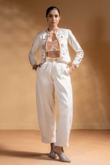 BAISE GABA_Off White Muslin Gota Patti Round Neck Chandra Embroidered Jacket _Online_at_Aza_Fashions