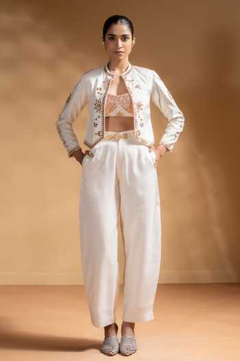 Buy_BAISE GABA_Off White Muslin Gota Patti Round Neck Chandra Embroidered Jacket _Online_at_Aza_Fashions