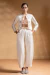 Buy_Baise Gaba_Off White Satin, Muslin Gota Patti Chandra Work Jacket And Pant Set _at_Aza_Fashions