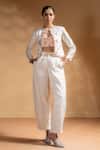 Shop_Baise Gaba_Off White Satin, Muslin Gota Patti Chandra Work Jacket And Pant Set _at_Aza_Fashions