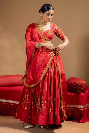 Shop_Baise Gaba_Red Chanderi, Organza Gota Patti Leaf Neck Sitara Embroidered Lehenga Set _at_Aza_Fashions