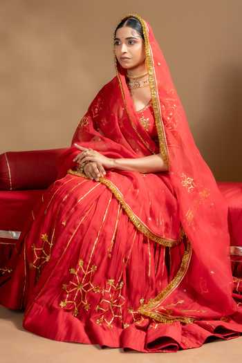 Baise Gaba_Red Chanderi, Organza Gota Patti Leaf Neck Sitara Embroidered Lehenga Set _at_Aza_Fashions