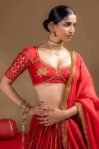 Shop_Baise Gaba_Red Chanderi, Organza Gota Patti Leaf Neck Sitara Embroidered Lehenga Set 