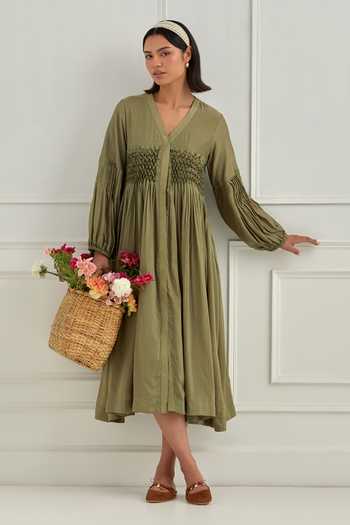 Buy_Cupid Cotton_Olive Green Silk Smocking V-neck Smocked Dress _at_Aza_Fashions
