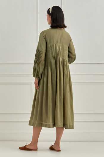 Shop_Cupid Cotton_Olive Green Silk Smocking V-neck Smocked Dress _at_Aza_Fashions