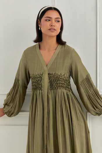Buy Olive Green Silk Smocking V-neck Smocked Dress For Women by Cupid  Cotton Online at Aza Fashions.