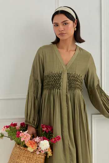 Buy_Cupid Cotton_Olive Green Silk Smocking V-neck Smocked Dress _Online_at_Aza_Fashions