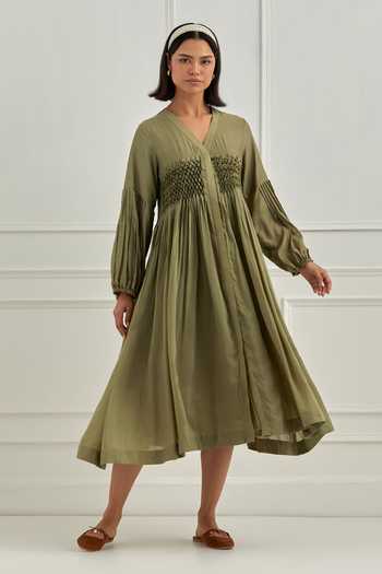 Shop_Cupid Cotton_Olive Green Silk Smocking V-neck Smocked Dress _Online_at_Aza_Fashions