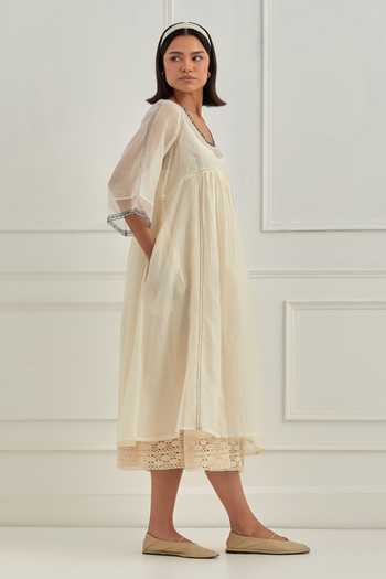 Cupid Cotton_Ivory Chanderi Pitta Work, Resham Embroidery, Sequins Ivanna Lace Hem Dress _Online_at_Aza_Fashions