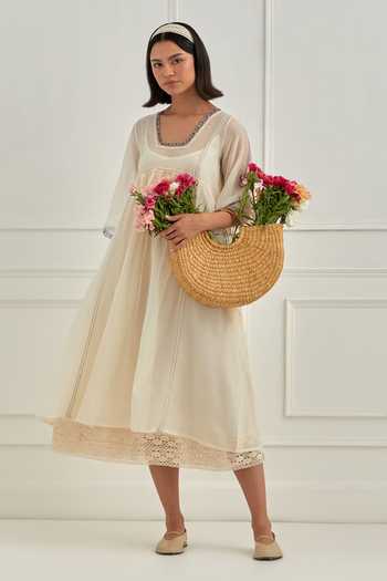 Buy_Cupid Cotton_Ivory Chanderi Pitta Work, Resham Embroidery, Sequins Ivanna Lace Hem Dress _Online_at_Aza_Fashions