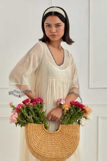 Shop_Cupid Cotton_Ivory Chanderi Pitta Work, Resham Embroidery, Sequins Ivanna Lace Hem Dress _Online_at_Aza_Fashions