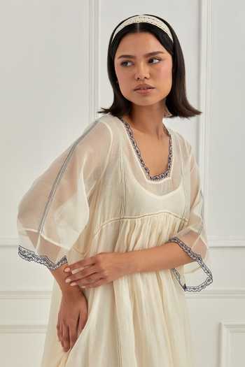 Cupid Cotton_Ivory Chanderi Pitta Work, Resham Embroidery, Sequins Ivanna Lace Hem Dress _at_Aza_Fashions