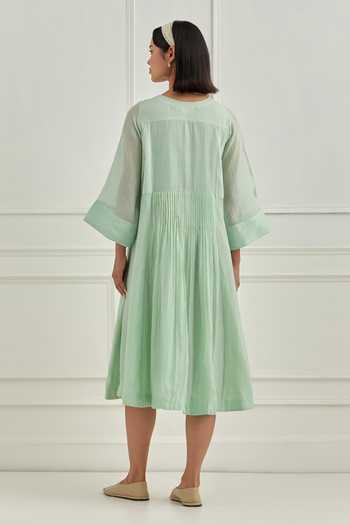 Shop_Cupid Cotton_Blue Chanderi Embroidery Round Neck Pleated Mul Dress _at_Aza_Fashions