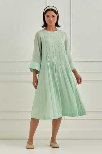 Cupid Cotton_Blue Chanderi Embroidery Round Neck Pleated Mul Dress _Online_at_Aza_Fashions