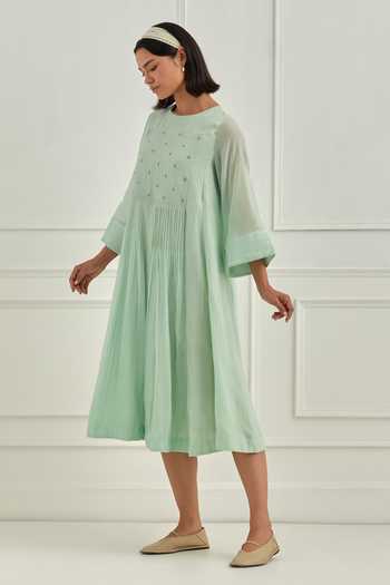 Buy_Cupid Cotton_Blue Chanderi Embroidery Round Neck Pleated Mul Dress _Online_at_Aza_Fashions