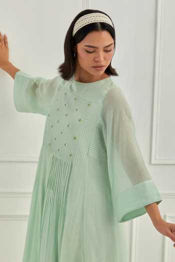Shop_Cupid Cotton_Blue Chanderi Embroidery Round Neck Pleated Mul Dress _Online_at_Aza_Fashions