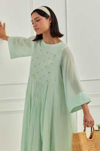Cupid Cotton_Blue Chanderi Embroidery Round Neck Pleated Mul Dress _at_Aza_Fashions