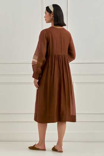 Shop_Cupid Cotton_Brown Chanderi Embroidery Round Neck Fleur Dress _at_Aza_Fashions